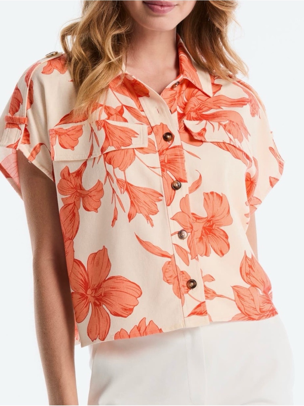 NWT Laundry By Shelli Segal White and Orange Floral Button-Front Shirt